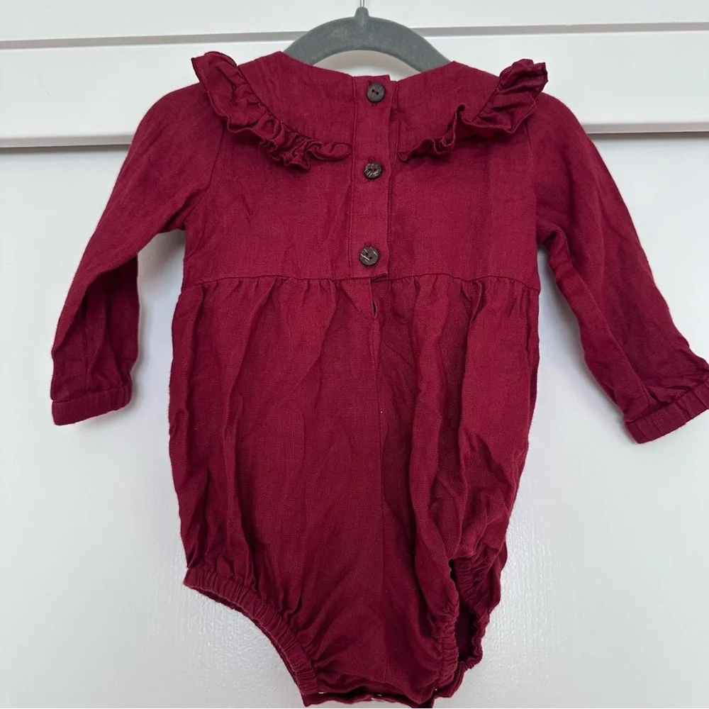 Ruffled Burgundy Linen Baby Romper‎